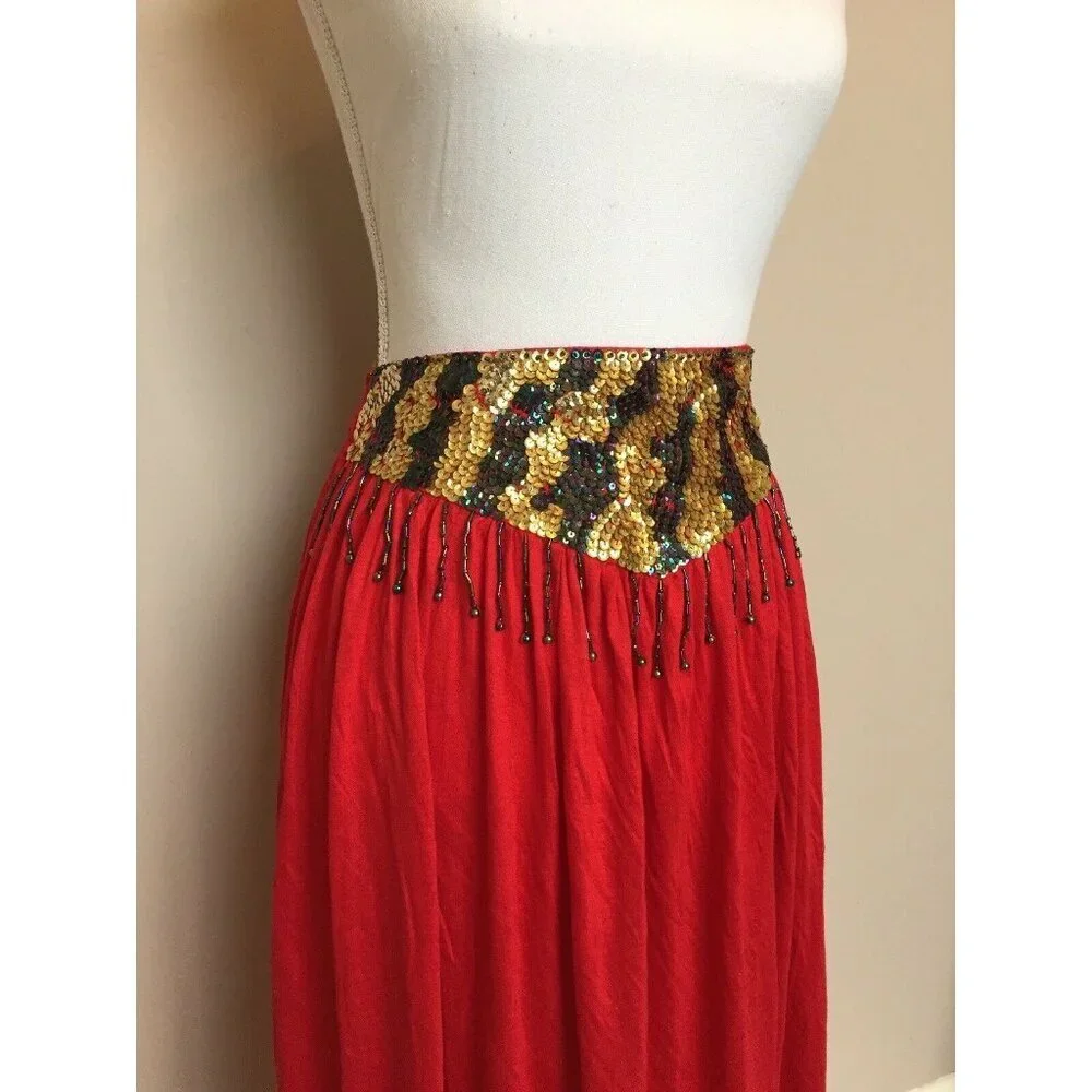 Jane Ashley Red Sequin Skirt gold beaded boho gypsy dance full midi S